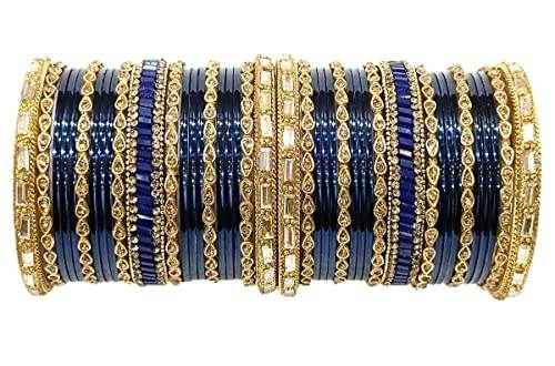 T4 Jewels Gemstones & Gold Plated Gorgeous Multi Colours Stones Studded Bridal Wear Fashion Jewellery Glass Bangles Set - 77NO Blue All Bangle Sets T4 Jewels