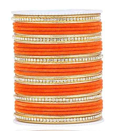 T4 Jewels Zircon Gem-stones And Beads Velvet Glossy Finished Metal Bangles Set - 66NO Orange All Bangle Sets T4 Jewels