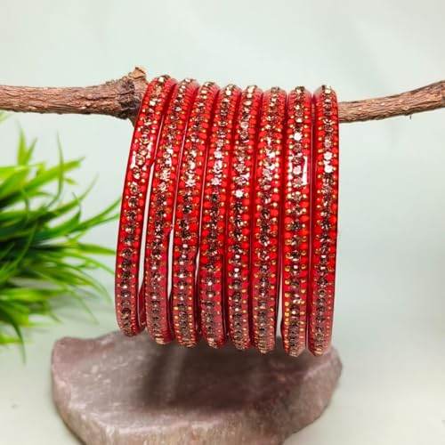 T4 Jewels Stones & Beads Work Cubic Zirconia Glossy Finished Glass Bangles Set For Women & Girls (Set of 8) T4 Jewels