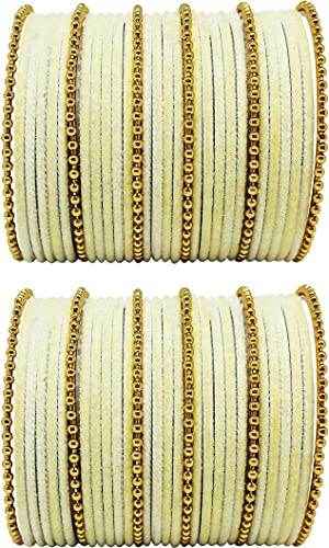 T4 Jewels Golden Beads Studded Glossy Finish Velvet Metal Bangles Set (Set Of 2) - 35NO Cream All Bangle Sets T4 Jewels