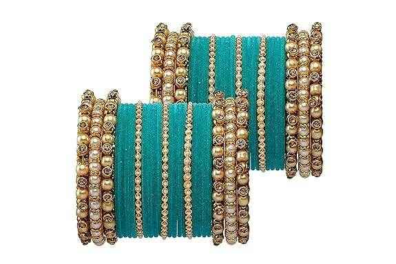 T4 Jewels Brass Metal Beads Stones & Gemstones Studded Moti & Pearl Glossy Finished Bangles Set - 114NO All Bangle Sets T4 Jewels