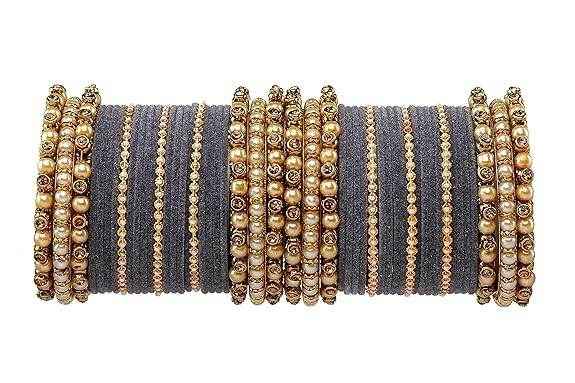 T4 Jewels Brass Metal Beads Stones & Gemstones Studded Moti & Pearl Glossy Finished Bangles Set - 114NO Grey All Bangle Sets T4 Jewels