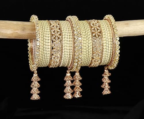 T4 Jewels Metal Bangles Latkan Chuda Set with American Diamond, Zircon Stone & Polka Dots | Dulhan Chuda Set Wedding | Punjabi Chuda | Chooda Bangles- Set of 38 T4 Jewels