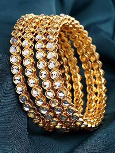 T4 Jewels Set of 4 Gold Plated Round Shape White Kundan Studded Bangles for Women T4 Jewels