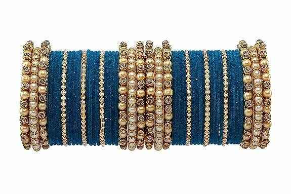 T4 Jewels Brass Metal Beads Stones & Gemstones Studded Moti & Pearl Glossy Finished Bangles Set - 114NO Peacock Colour All Bangle Sets T4 Jewels