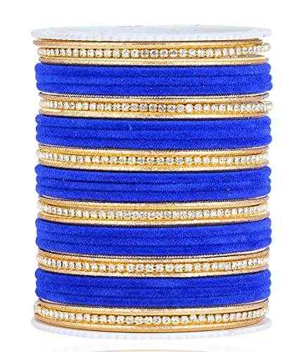 T4 Jewels Zircon Gem-stones And Beads Velvet Glossy Finished Metal Bangles Set - 66NO Blue All Bangle Sets T4 Jewels