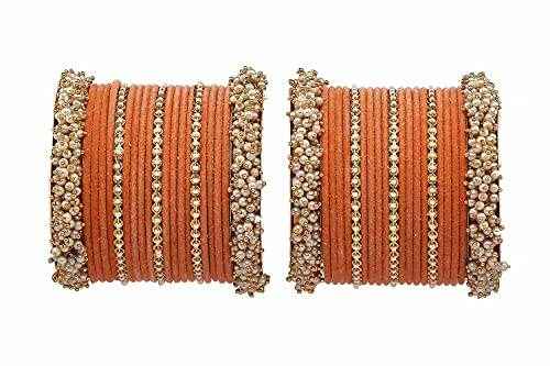 T4 Jewels Stylish Latest Collection Fashion Jewellery Pearl And Stone Glossy Finished Metal Bangles Set - 70NO Peach 2.6 Inches All Bangle Sets T4 Jewels
