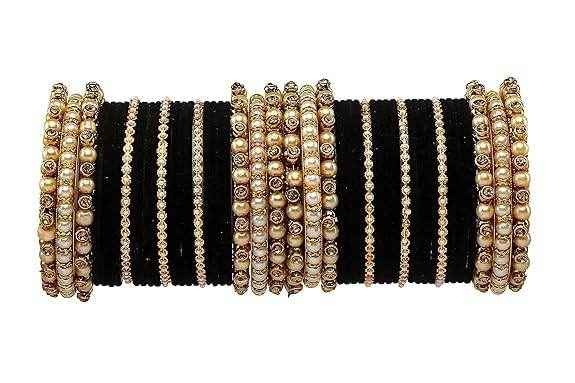 T4 Jewels Brass Metal Beads Stones & Gemstones Studded Moti & Pearl Glossy Finished Bangles Set - 114NO Black All Bangle Sets T4 Jewels