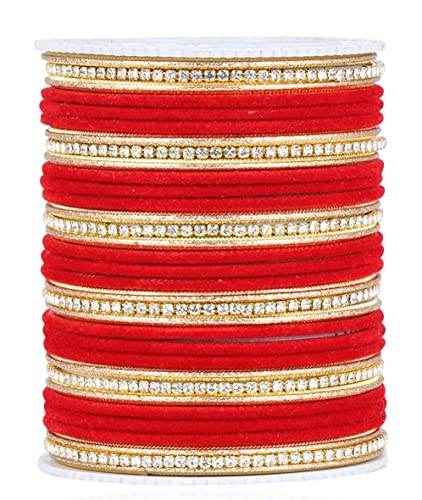 T4 Jewels Zircon Gem-stones And Beads Velvet Glossy Finished Metal Bangles Set - 66NO Red All Bangle Sets T4 Jewels