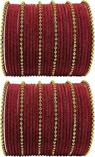 T4 Jewels Golden Beads Studded Glossy Finish Velvet Metal Bangles Set (Set Of 2) - 35NO Maroon All Bangle Sets T4 Jewels