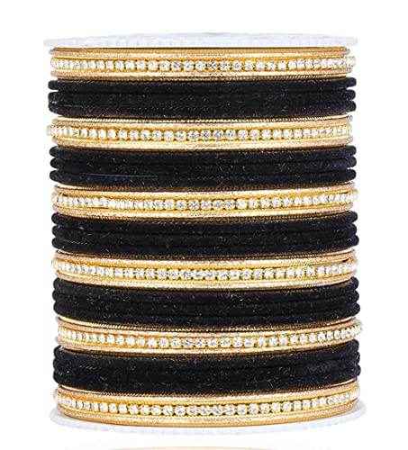 T4 Jewels Zircon Gem-stones And Beads Velvet Glossy Finished Metal Bangles Set - 66NO Black All Bangle Sets T4 Jewels