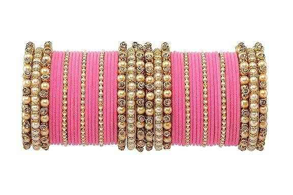 T4 Jewels Brass Metal Beads Stones & Gemstones Studded Moti & Pearl Glossy Finished Bangles Set - 114NO Pink All Bangle Sets T4 Jewels