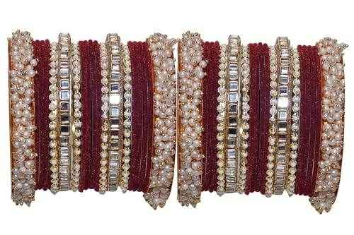 T4 Jewels 18k Pearl Gold Plated Zircon Stones Studded Latest Fashion Jewellery Metal Bangles Set - 95NO Maroon All Bangle Sets T4 Jewels