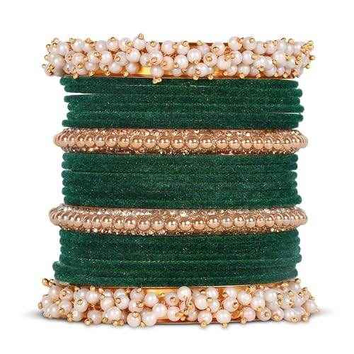 T4 Jewels 18k Pearl & Beads Gold Plated Zircon Gemstones Studded Latest Fashion Jewellery Bangles Set - 96NO Green All Bangle Sets T4 Jewels