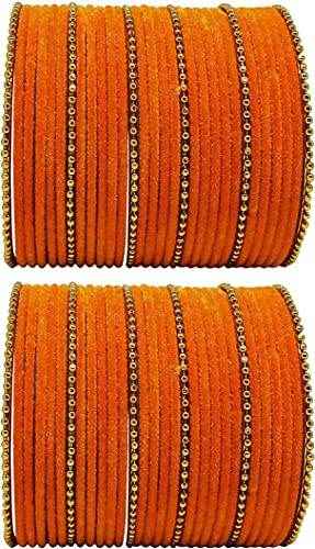 T4 Jewels Golden Beads Studded Glossy Finish Velvet Metal Bangles Set (Set Of 2) - 35NO Orange All Bangle Sets T4 Jewels