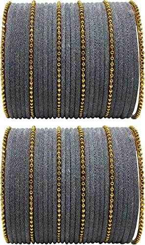 T4 Jewels Golden Beads Studded Glossy Finish Velvet Metal Bangles Set (Set Of 2) - 35NO Grey All Bangle Sets T4 Jewels