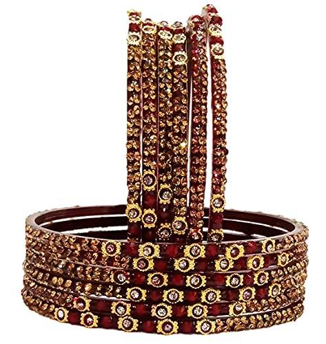 T4 Jewels (2.10 & 2.12 Size Designer Maroon Colour Golden Silver Stones Studded Beautiful Glass Bangles Set For Women & Girls - (Set Of 12) T4 Jewels