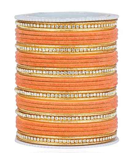 T4 Jewels Zircon Gem-stones And Beads Velvet Glossy Finished Metal Bangles Set - 66NO Peach All Bangle Sets T4 Jewels