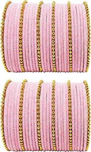 T4 Jewels Golden Beads Studded Glossy Finish Velvet Metal Bangles Set (Set Of 2) - 35NO Light Pink All Bangle Sets T4 Jewels