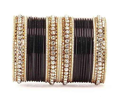 T4 Jewels 18k Gold Plated Textured Fashionable Fashion Jewellery Metal Bangles Set - 84NO Black All Bangle Sets T4 Jewels