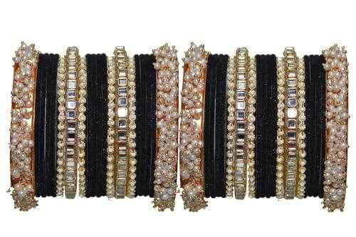 T4 Jewels 18k Pearl Gold Plated Zircon Stones Studded Latest Fashion Jewellery Metal Bangles Set - 95NO Black All Bangle Sets T4 Jewels