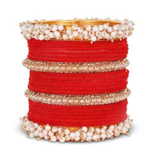 T4 Jewels 18k Pearl & Beads Gold Plated Zircon Gemstones Studded Latest Fashion Jewellery Bangles Set - 96NO Red All Bangle Sets T4 Jewels