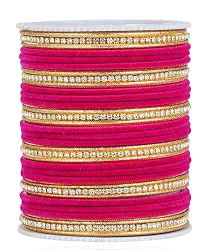 T4 Jewels Zircon Gem-stones And Beads Velvet Glossy Finished Metal Bangles Set - 66NO Magenta All Bangle Sets T4 Jewels