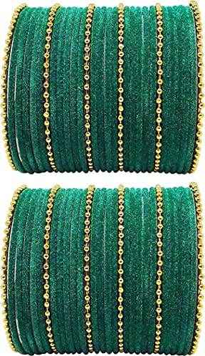 T4 Jewels Golden Beads Studded Glossy Finish Velvet Metal Bangles Set (Set Of 2) - 35NO Dark Green All Bangle Sets T4 Jewels