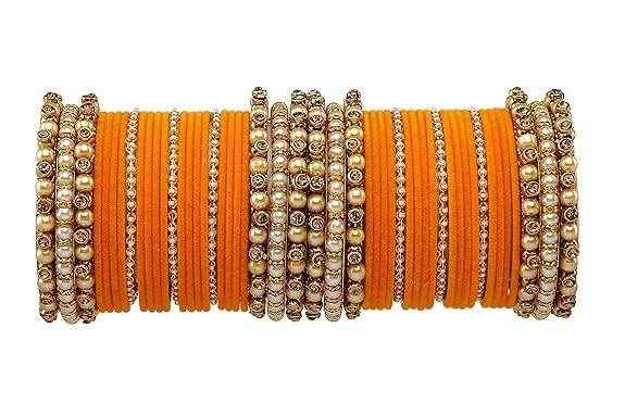 T4 Jewels Brass Metal Beads Stones & Gemstones Studded Moti & Pearl Glossy Finished Bangles Set - 114NO Orange All Bangle Sets T4 Jewels