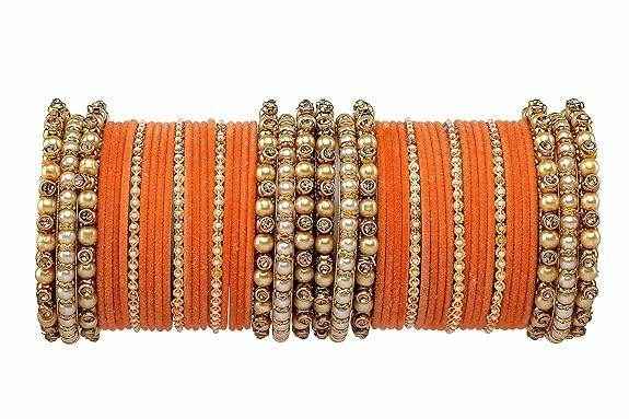 T4 Jewels Brass Metal Beads Stones & Gemstones Studded Moti & Pearl Glossy Finished Bangles Set - 114NO Peach All Bangle Sets T4 Jewels
