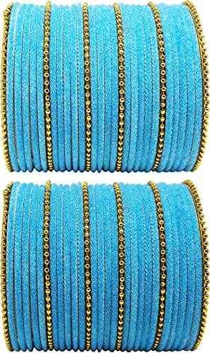 T4 Jewels Golden Beads Studded Glossy Finish Velvet Metal Bangles Set (Set Of 2) - 35NO Sky Blue All Bangle Sets T4 Jewels