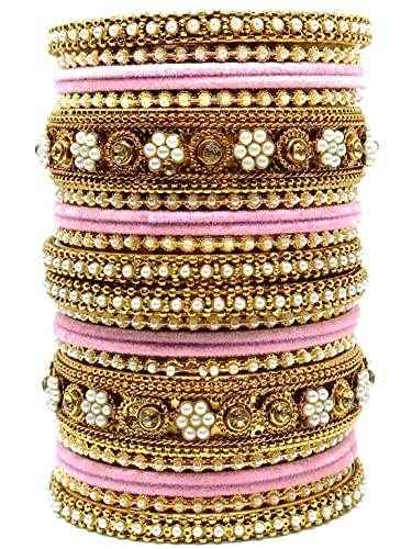 T4 Jewels Gold-Plated Flower Designer Metal Bangles Set (Bridal Chuda) - 52NO Pink All Bangle Sets T4 Jewels