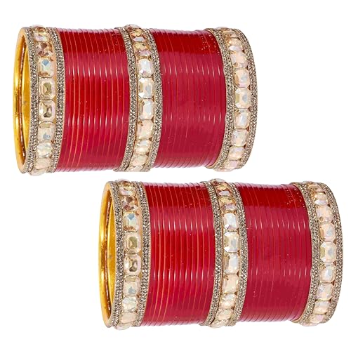 T4 Jewels Red Bridal Chuda Set American Diamond & Plastic Chuda Bangles | Golden Chuda For Wedding | Red Chuda for Bride | Red Chuda Set | Chuda Set For Bridal Gold-Red T4 Jewels