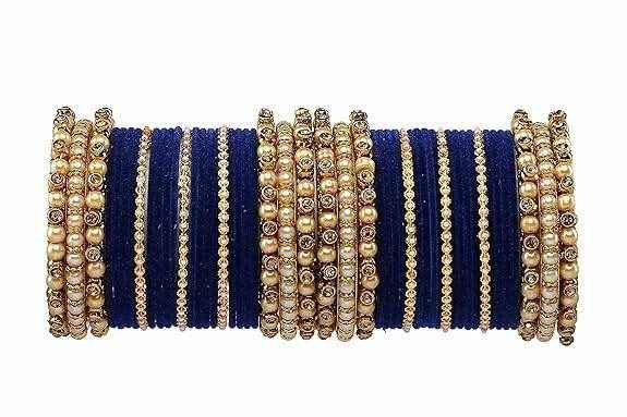 T4 Jewels Brass Metal Beads Stones & Gemstones Studded Moti & Pearl Glossy Finished Bangles Set - 114NO Navy Blue All Bangle Sets T4 Jewels