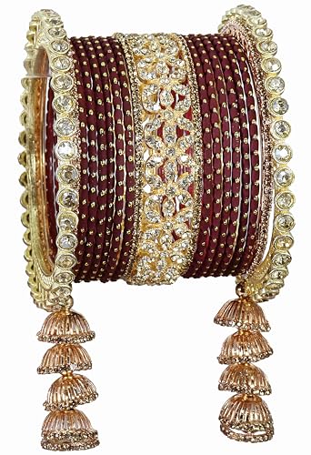 T4 Jewels Metal Bangles Latkan Chuda Set with American Diamond, Zircon Stone & Polka Dots | Dulhan Chuda Set Wedding | Punjabi Chuda | Chooda Bangles- Set of 38 T4 Jewels