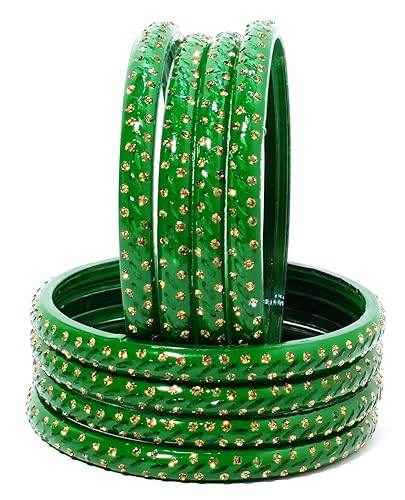 T4 Jewels (2.10 & 2.12 Size Golden Stones Studded Designer Bangle Set - (Set Of 8) - RDKRSHN Green Large Size Bangles T4 Jewels