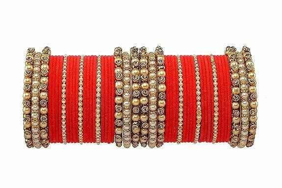 T4 Jewels Brass Metal Beads Stones & Gemstones Studded Moti & Pearl Glossy Finished Bangles Set - 114NO Watermelon All Bangle Sets T4 Jewels