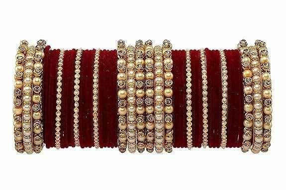 T4 Jewels Brass Metal Beads Stones & Gemstones Studded Moti & Pearl Glossy Finished Bangles Set - 114NO Maroon All Bangle Sets T4 Jewels