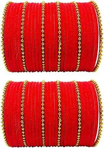 T4 Jewels Golden Beads Studded Glossy Finish Velvet Metal Bangles Set (Set Of 2) - 35NO Red All Bangle Sets T4 Jewels