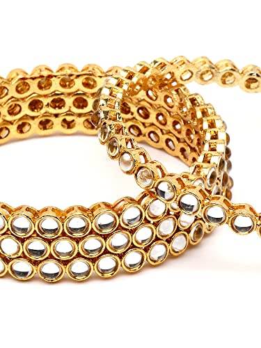 T4 Jewels Set of 4 Gold Plated Round Shape White Kundan Studded Bangles for Women T4 Jewels