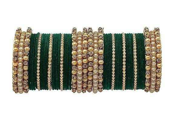 T4 Jewels Brass Metal Beads Stones & Gemstones Studded Moti & Pearl Glossy Finished Bangles Set - 114NO Dark Green All Bangle Sets T4 Jewels