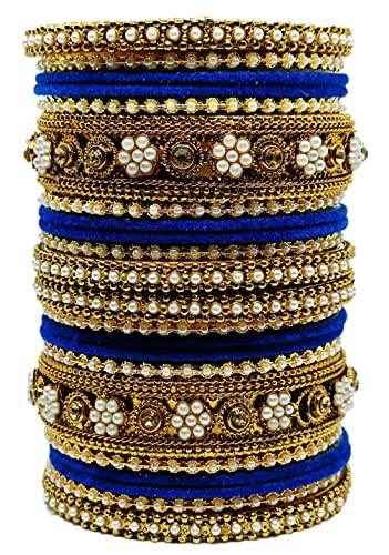 T4 Jewels Gold-Plated Flower Designer Metal Bangles Set (Bridal Chuda) - 52NO Blue All Bangle Sets T4 Jewels