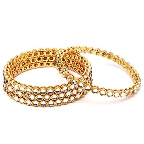 T4 Jewels Set of 4 Gold Plated Round Shape White Kundan Studded Bangles for Women T4 Jewels