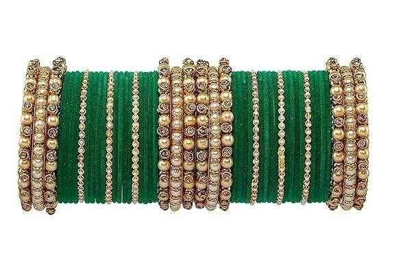 T4 Jewels Brass Metal Beads Stones & Gemstones Studded Moti & Pearl Glossy Finished Bangles Set - 114NO Green All Bangle Sets T4 Jewels