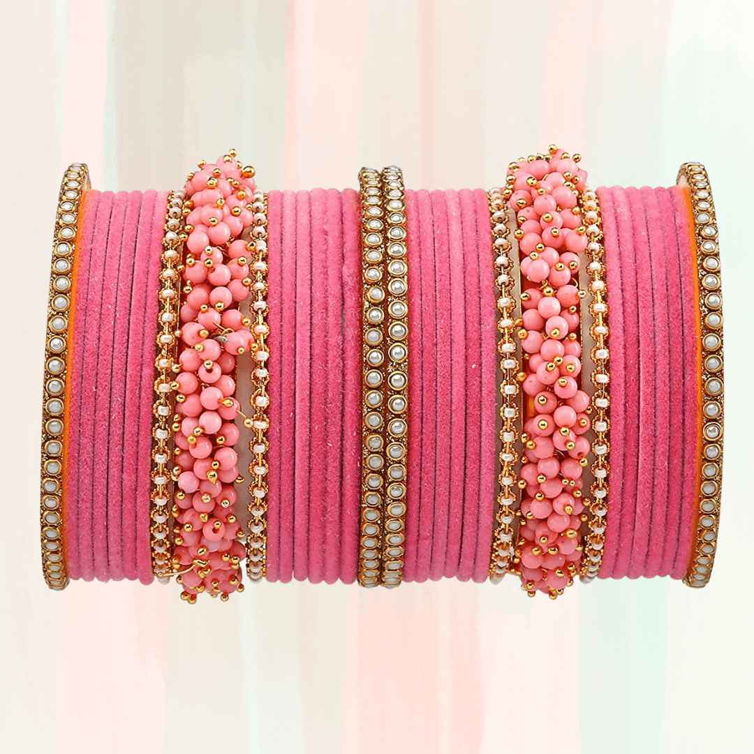 T4 Jewels Brass Metal Velvet Pearl And Beads Glossy Finished Bangles Set (Set For 2 Hand) - 59NO Bangle Sets T4 Jewels