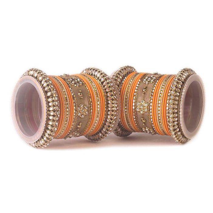Set of 2 Traditional Matte Finish Kundan Bangle Set Orange All Bangle Sets T4 Jewels