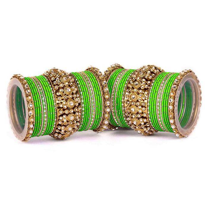 Set of 2 Beautiful Golden Dotted Colored Bangle Set Green All Bangle Sets T4 Jewels
