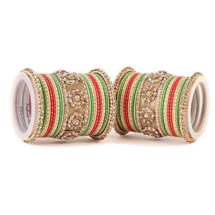 Set of 2 Traditional Jaali Work Multi-Colored Bangle Set Red-Green-Beige All Bangle Sets T4 Jewels