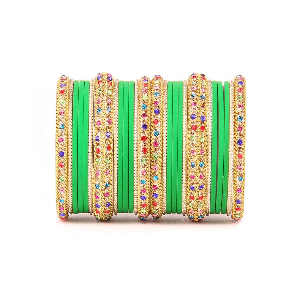 Golden Kada With Multi-Colored Stones And Matte Finish Bangle Set For Women Parrot Green All Bangle Sets T4 Jewels