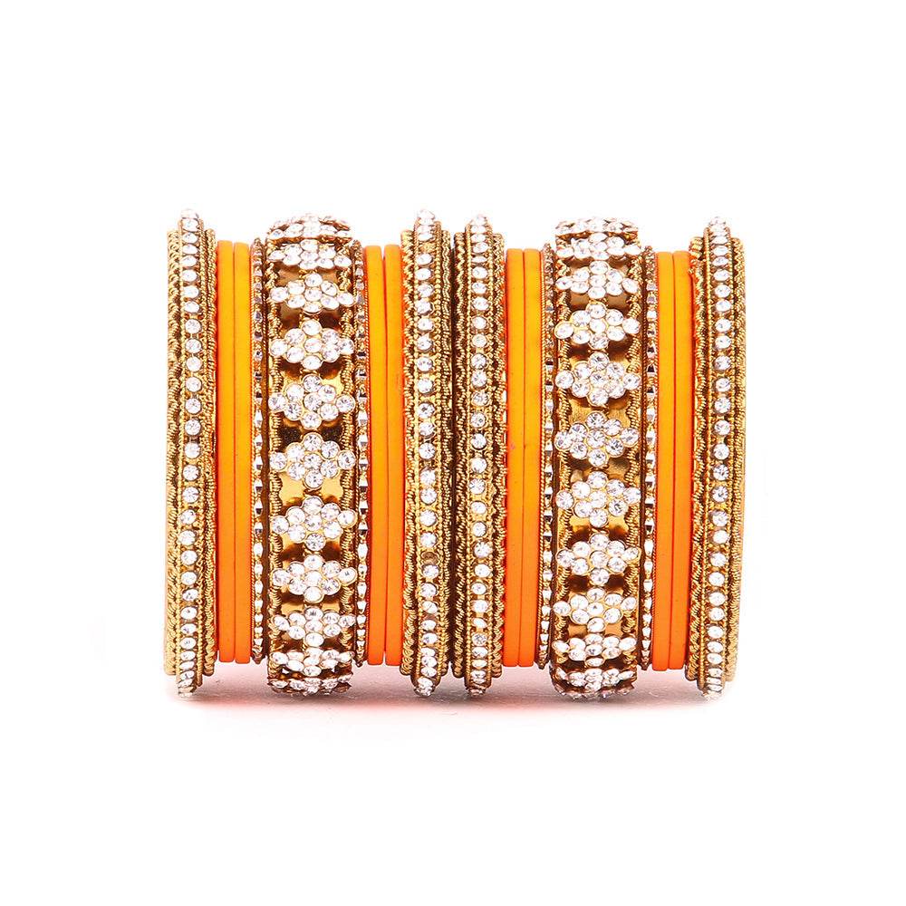 Stylish Matte Finish And Running Stone Pattern Bangle Set Orange All Bangle Sets T4 Jewels